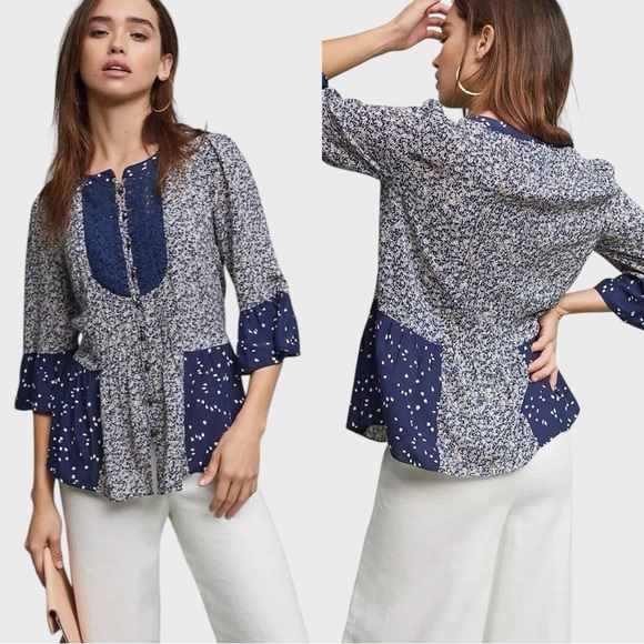 Anthropologie Maeve Blouse Womens Size 6 Navy Blue Pattern Hiver Peasant Top NWT - Picture 15 of 15